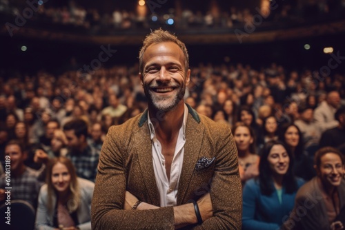 Portrait of a smiling man with crossed arms standing in front of a large group of people