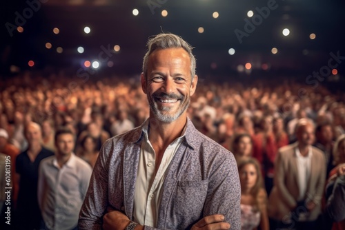 Medium shot portrait photography of a pleased man in his 40s that is wearing a chic cardigan against a crowded concert hall during a live performance background . Generative AI