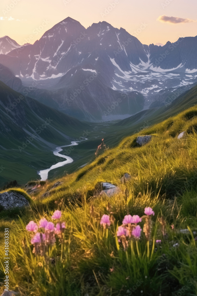 The grassland under the snowy mountains is full of wild flowers.