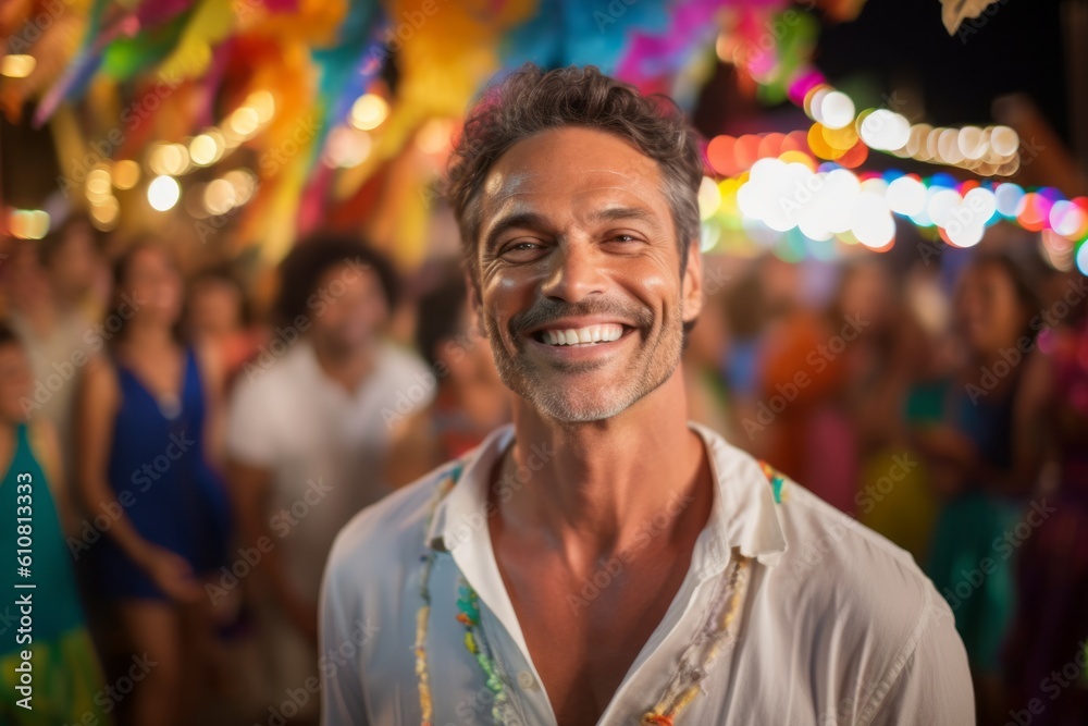 Portrait of happy man dancing at night party with friends at beach