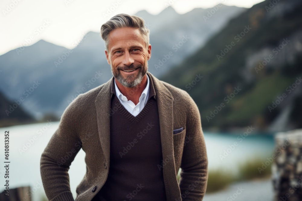 Portrait of a handsome mature man smiling while standing by the lake. Portrait of a handsome mature man smiling while standing by the lake.