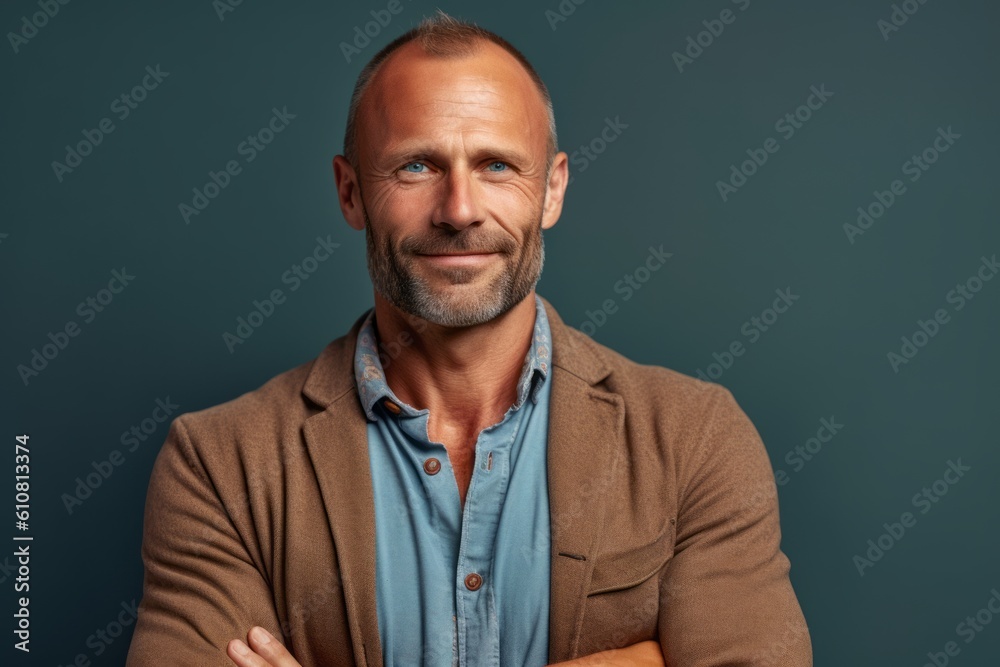 Medium shot portrait photography of a pleased man in his 40s that is wearing a chic cardigan against a paper or textured background .  Generative AI