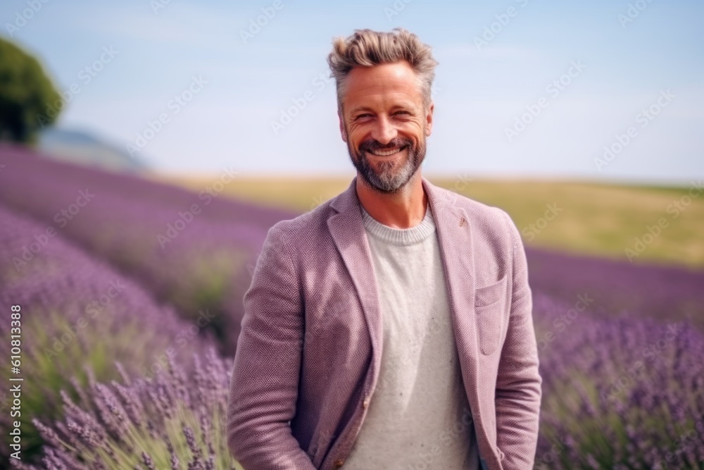 Medium shot portrait photography of a pleased man in his 40s that is wearing a chic cardigan against a picturesque lavender field in bloom background . Generative AI Medium shot portrait photography of a pleased man in his 40s that is wearing a chic cardigan against a picturesque lavender field in bloom background . Generative AI