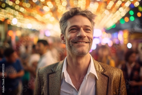 Medium shot portrait photography of a pleased man in his 40s that is wearing a chic cardigan against a lively brazilian carnival with performers background . Generative AI