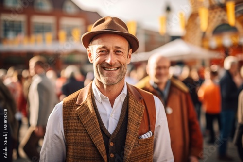 Medium shot portrait photography of a pleased man in his 40s that is wearing a chic cardigan against a lively oktoberfest celebration with attendees in traditional attire background .  Generative AI