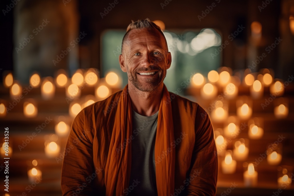 Medium shot portrait photography of a pleased man in his 40s that is wearing a chic cardigan against a serene meditation retreat with monks and candles background . Generative AI Medium shot portrait photography of a pleased man in his 40s that is wearing a chic cardigan against a serene meditation retreat with monks and candles background . Generative AI