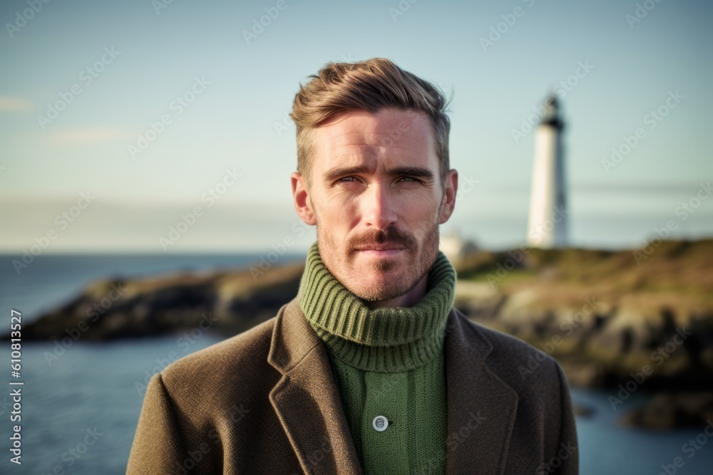 Portrait of handsome man standing by lighthouse on a cold winter day Portrait of handsome man standing by lighthouse on a cold winter day