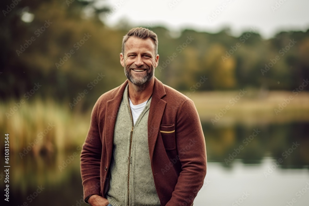 Obraz premium Handsome middle-aged man smiling and looking at camera while standing near a lake