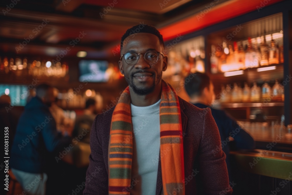 Handsome african american man in glasses and scarf standing in pub Handsome african american man in glasses and scarf standing in pub