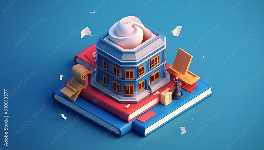 Education concept. 3d of hat, book on blue background. Generative ai