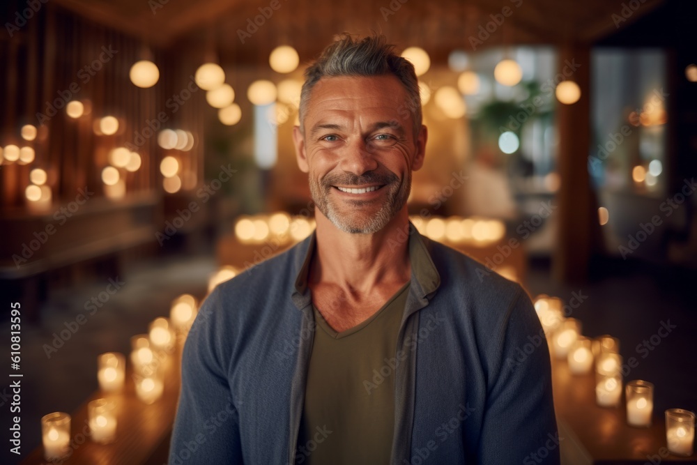 Medium shot portrait photography of a pleased man in his 40s that is wearing a chic cardigan against a tranquil spa environment with candles and massage background . Generative AI Medium shot portrait photography of a pleased man in his 40s that is wearing a chic cardigan against a tranquil spa environment with candles and massage background . Generative AI