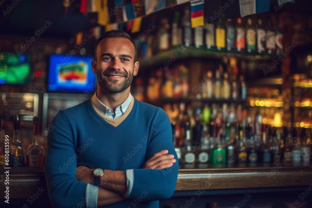 Portrait of smiling man standing with arms crossed at bar counter in pub