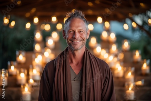 Medium shot portrait photography of a pleased man in his 40s that is wearing a chic cardigan against a serene meditation retreat with monks and candles background . Generative AI