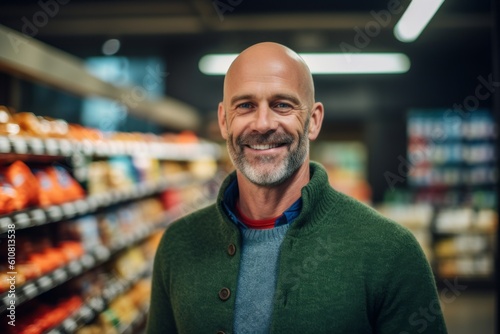 Portrait of smiling mature man standing in grocery store and looking at camera