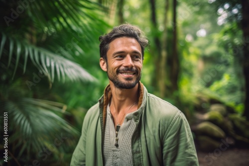 Portrait of handsome man with beard and mustache in the tropical forest © Robert MEYNER