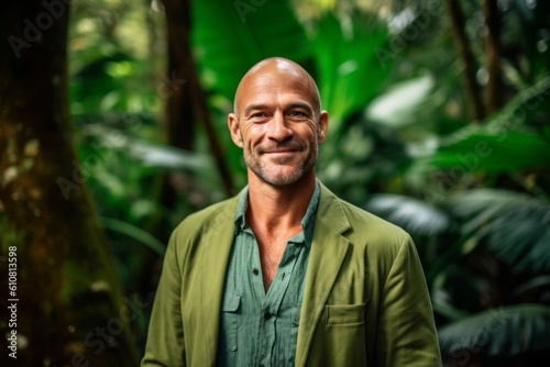 Portrait of a handsome bald man smiling at the camera in the jungle