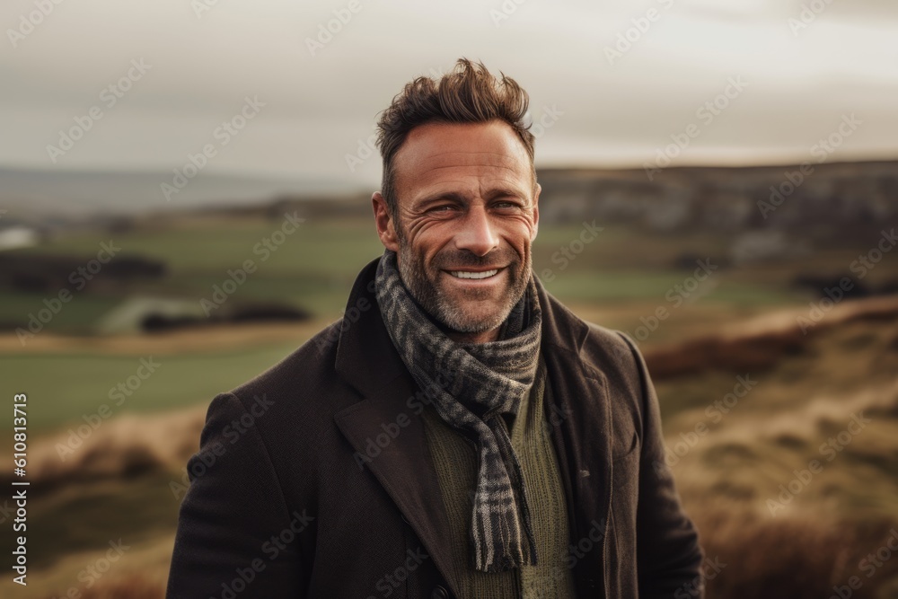 Portrait of a handsome mature man in a coat and scarf looking at the camera with a smile.