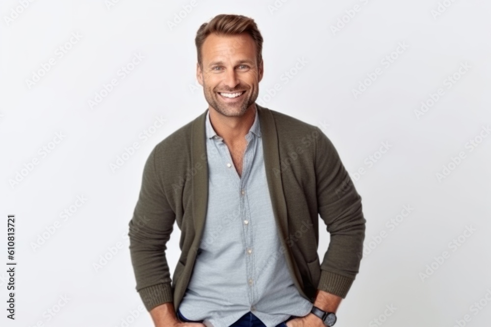 Medium shot portrait photography of a satisfied man in his 30s that is wearing a chic cardigan against a white background . Generative AI Medium shot portrait photography of a satisfied man in his 30s that is wearing a chic cardigan against a white background . Generative AI