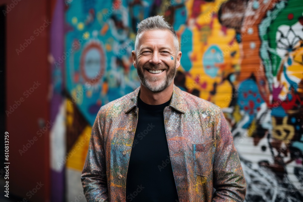 Portrait of a handsome middle aged man smiling at the camera while standing in front of a graffiti wall Portrait of a handsome middle aged man smiling at the camera while standing in front of a graffiti wall