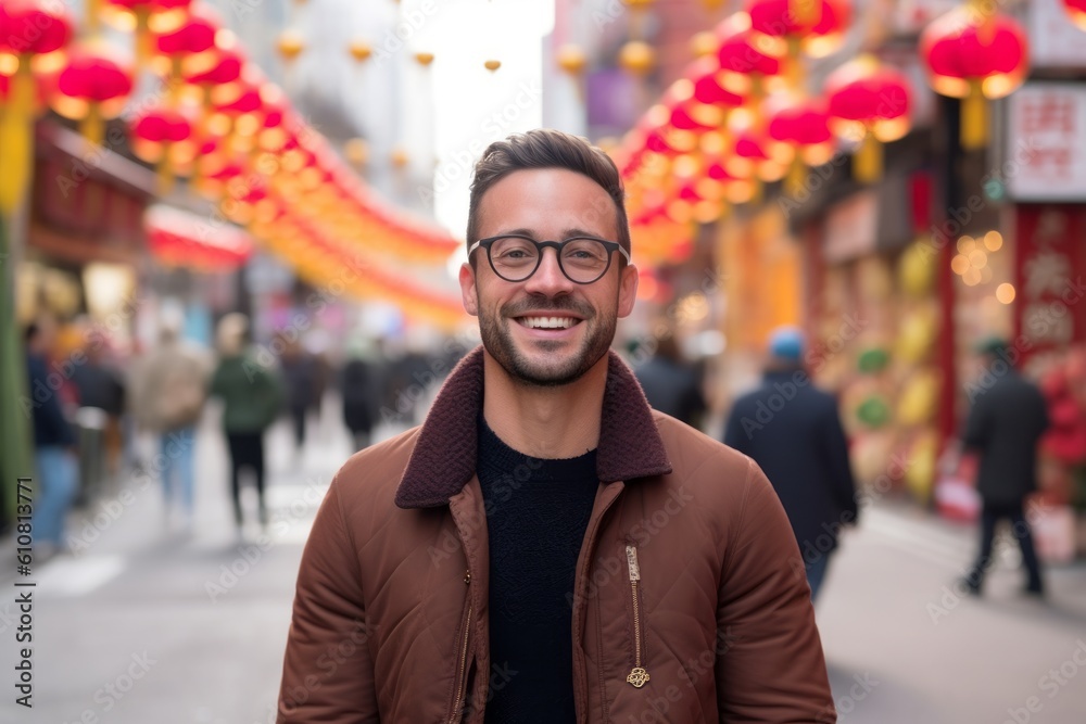 Portrait of handsome young man with eyeglasses in chinese street Portrait of handsome young man with eyeglasses in chinese street
