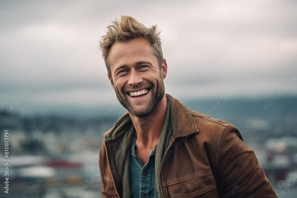 Portrait of handsome young man with blond hair and beard smiling outdoors