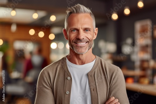 Medium shot portrait photography of a pleased man in his 40s that is wearing a chic cardigan against a yoga studio or wellness background . Generative AI