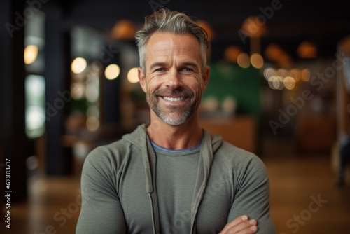 Portrait of smiling mature man standing with arms crossed in coffee shop