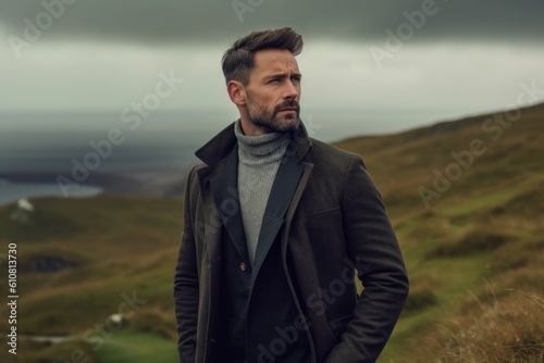 Portrait of a handsome bearded man in a coat and scarf standing on the top of a mountain on a cloudy day
