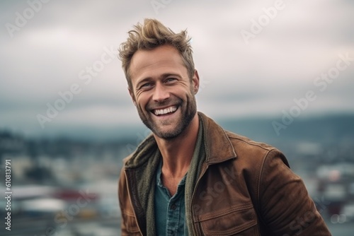 Portrait of handsome young man with blond hair and beard smiling outdoors