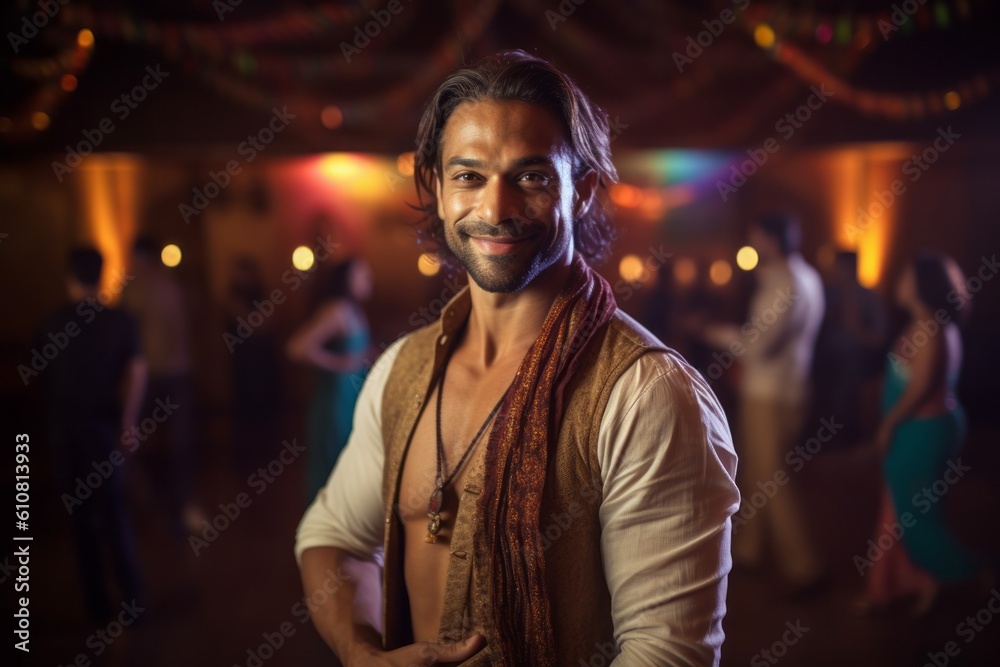 Portrait of handsome Indian man standing with hand on hip in nightclub