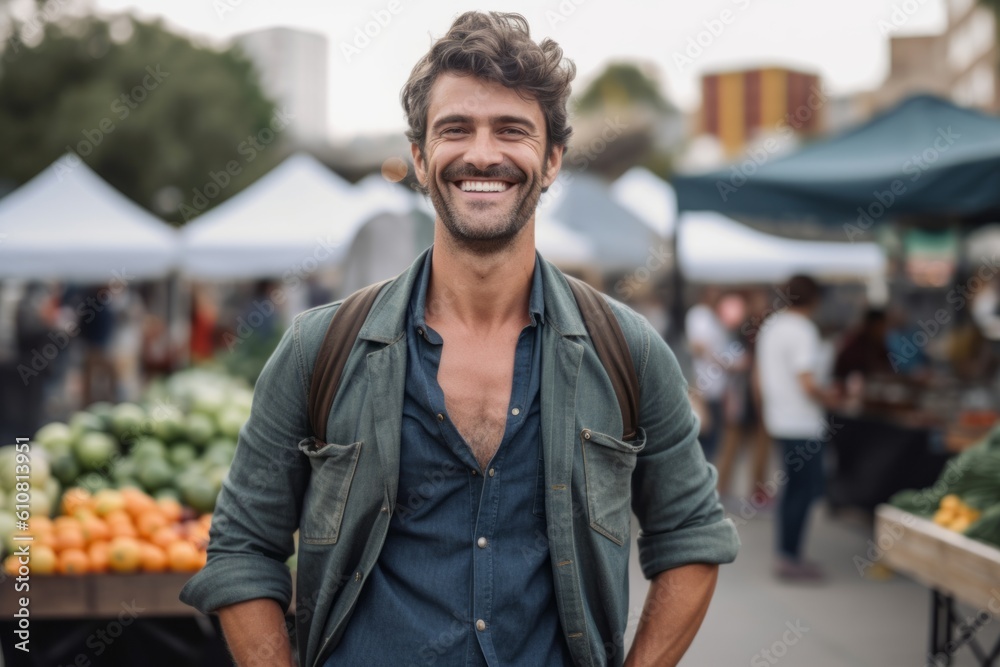 Medium shot portrait photography of a satisfied man in his 30s that is wearing a trendy jumpsuit against a bustling farmer's market background .  Generative AI