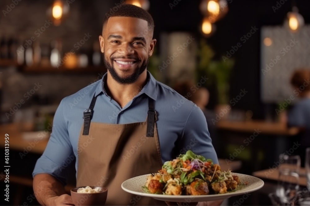 african american male waiter holding plate with salad at bar or restaurant african american male waiter holding plate with salad at bar or restaurant