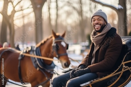 Handsome young man riding a horse drawn carriage in the park © Robert MEYNER