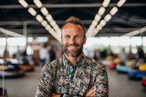 Medium shot portrait photography of a pleased man in his 40s that is wearing a chic cardigan against an exciting go-kart racing track with drivers competing background . Generative AI