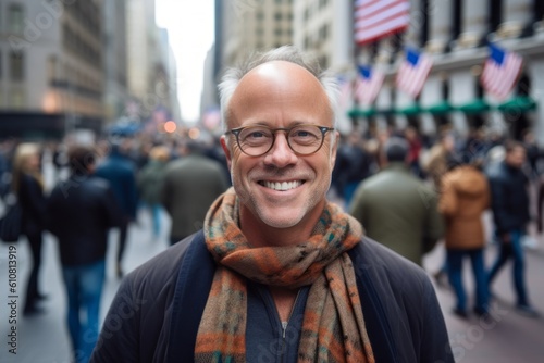 Handsome middle aged man wearing glasses and scarf in New York City