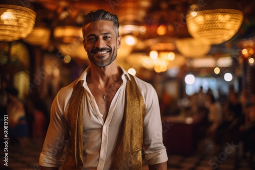 Portrait of handsome man smiling at camera while standing in a restaurant