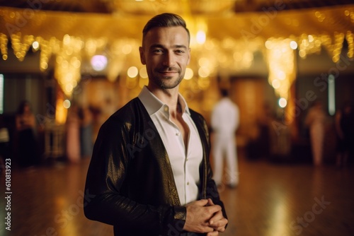 Medium shot portrait photography of a satisfied man in his 30s that is wearing a chic cardigan against an entrancing belly dance performance in a venue background . Generative AI
