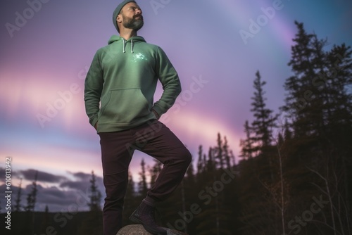 Medium shot portrait photography of a pleased man in his 40s that is wearing a pair of leggings or tights against a spectacular natural phenomenon like the northern lights background . Generative AI