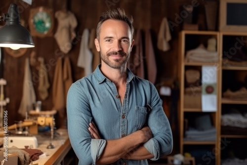 portrait of handsome mature fashion designer standing with crossed arms in workshop