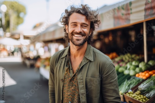 Portrait of handsome young man with curly hair smiling and looking at camera while standing at local market