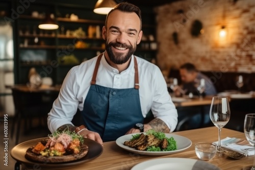 cheerful waiter in apron smiling while serving salad in restaurant