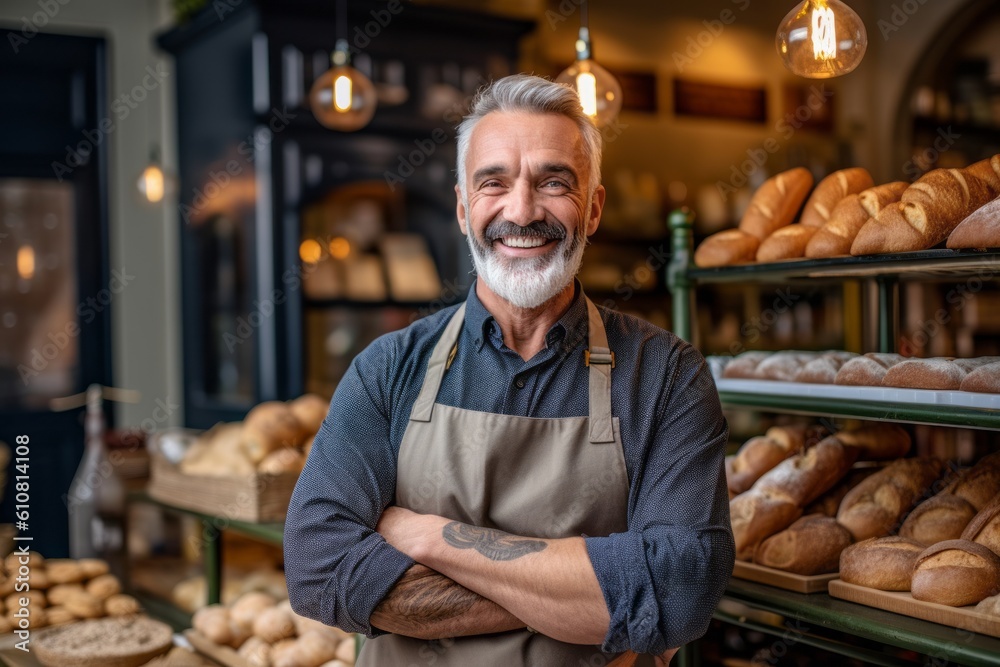 Portrait of smiling mature male baker standing with arms crossed in bakery