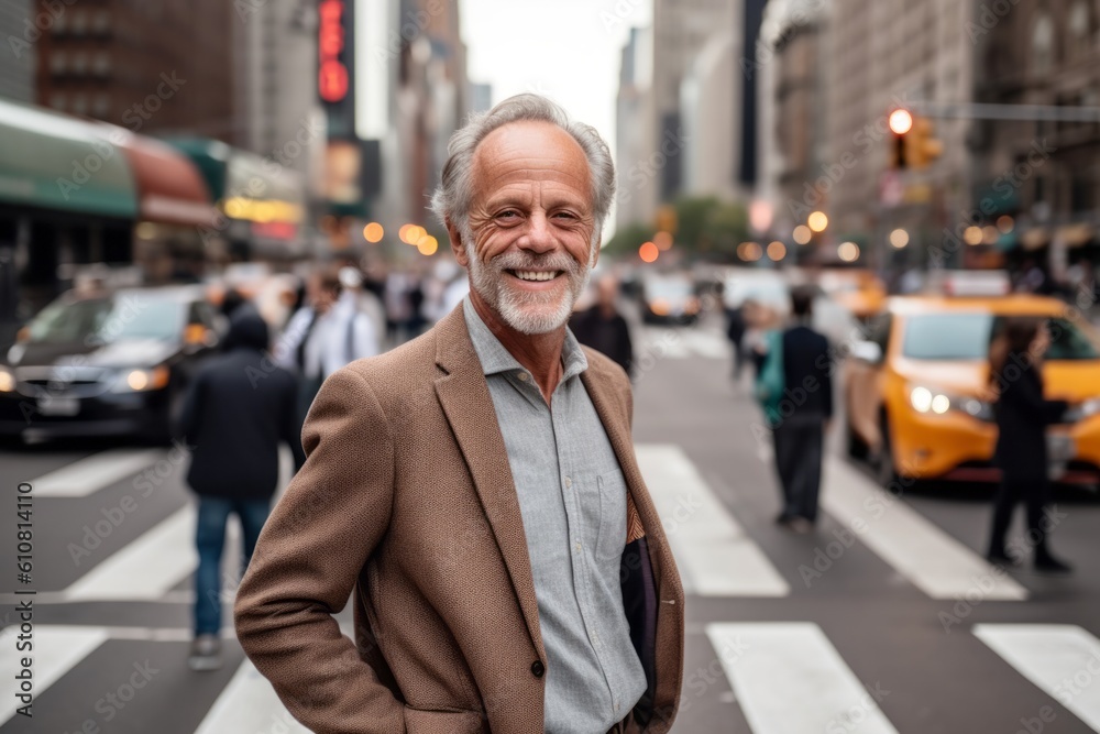 Handsome senior man crossing a street in New York City. Handsome senior man crossing a street in New York City.