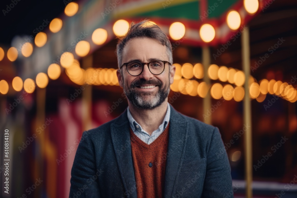 Medium shot portrait photography of a satisfied man in his 40s that is wearing a chic cardigan against a circus or big top background . Generative AI Medium shot portrait photography of a satisfied man in his 40s that is wearing a chic cardigan against a circus or big top background . Generative AI
