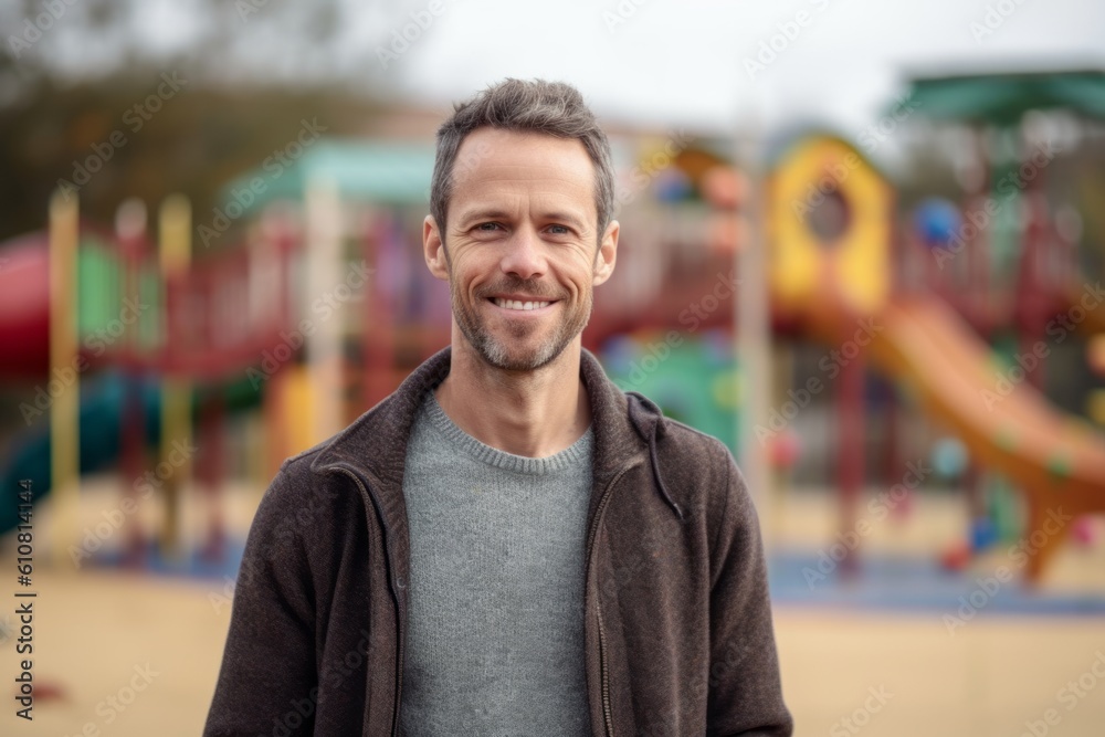 Portrait of handsome middle-aged man smiling at camera on playground Portrait of handsome middle-aged man smiling at camera on playground