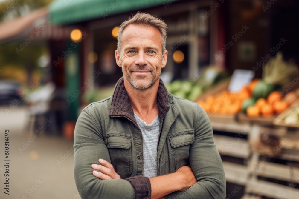 Portrait of a handsome mature man standing with arms crossed at a grocery store Portrait of a handsome mature man standing with arms crossed at a grocery store