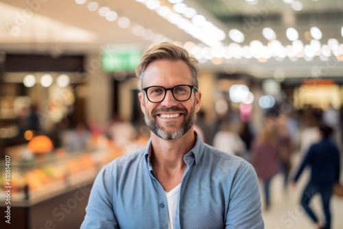 Portrait of smiling mature man with eyeglasses in shopping mall