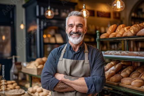 Portrait of smiling mature male baker standing with arms crossed in bakery