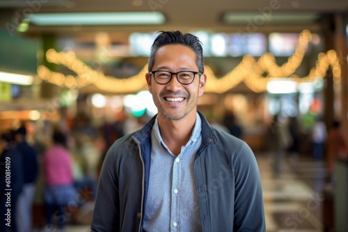 Portrait of handsome man with eyeglasses smiling in shopping mall