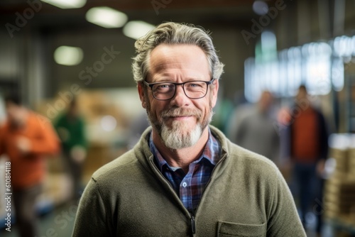 Portrait of senior man with glasses looking at camera in a warehouse
